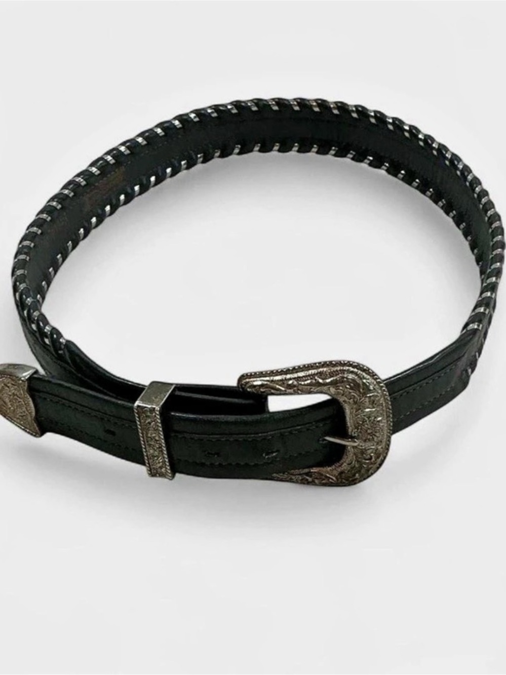 VTGJustin Boots Dark Grey Leather Western Belt 36 8024S Silver Edge Lace/Buckle